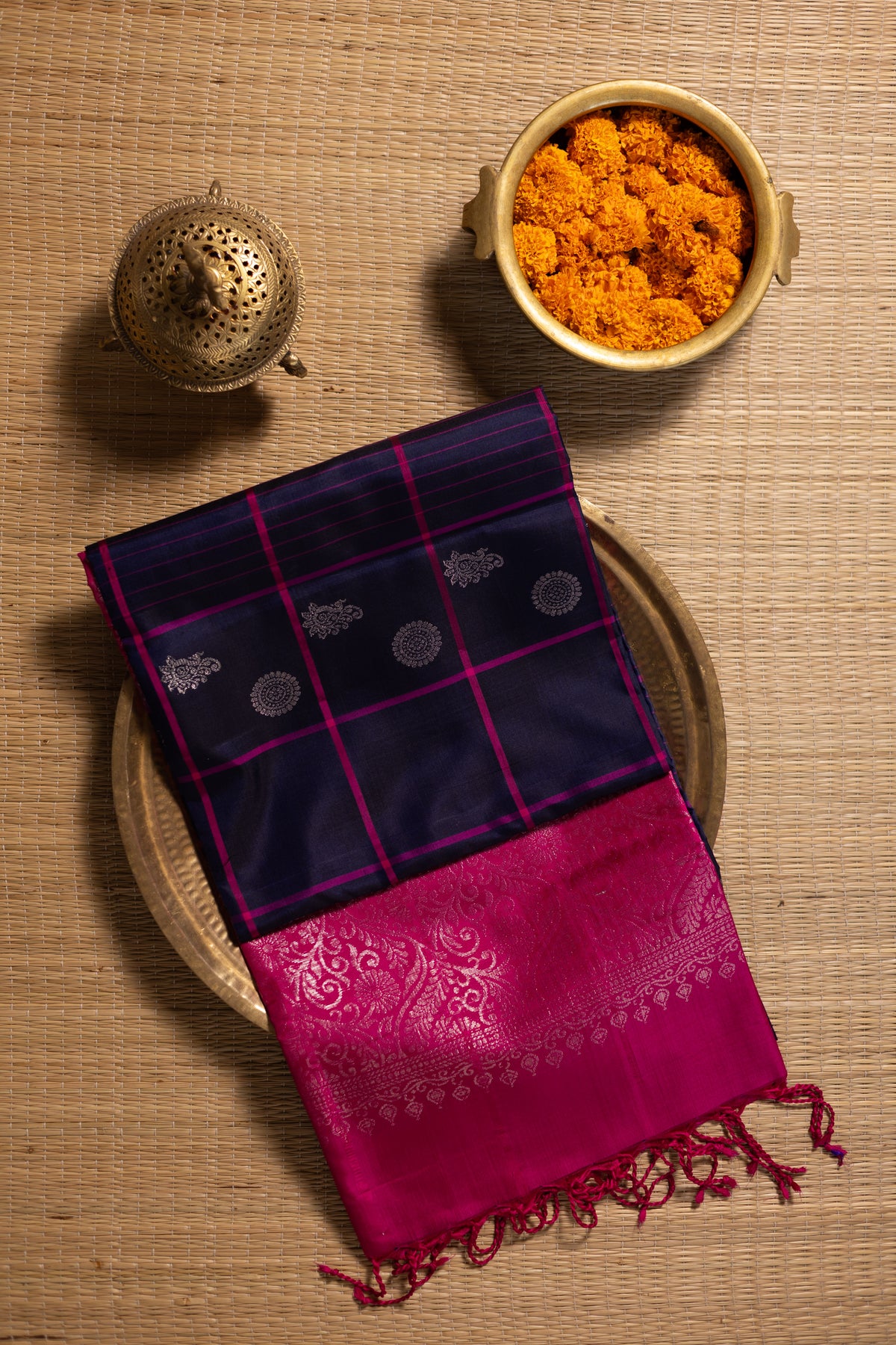 Navy blue checks with rani pink silver Chakram buttas - borderless saree