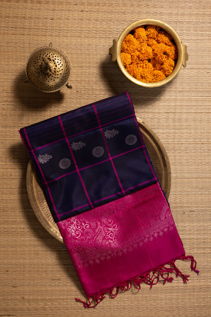 Navy blue checks with rani pink silver Chakram buttas - borderless saree