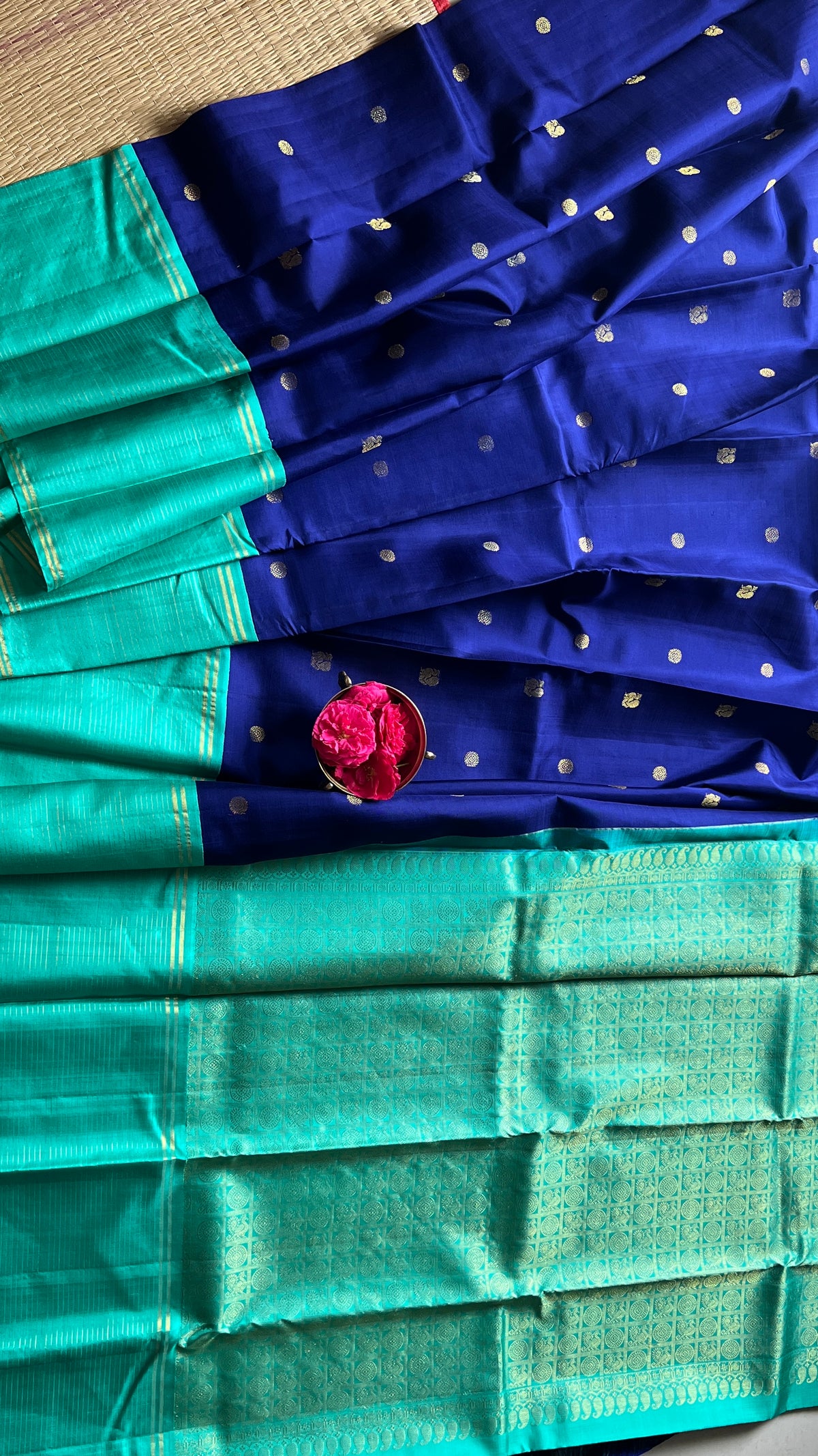 Navy blue with turquoise blue annam, chakram motifs with vaira oosi border