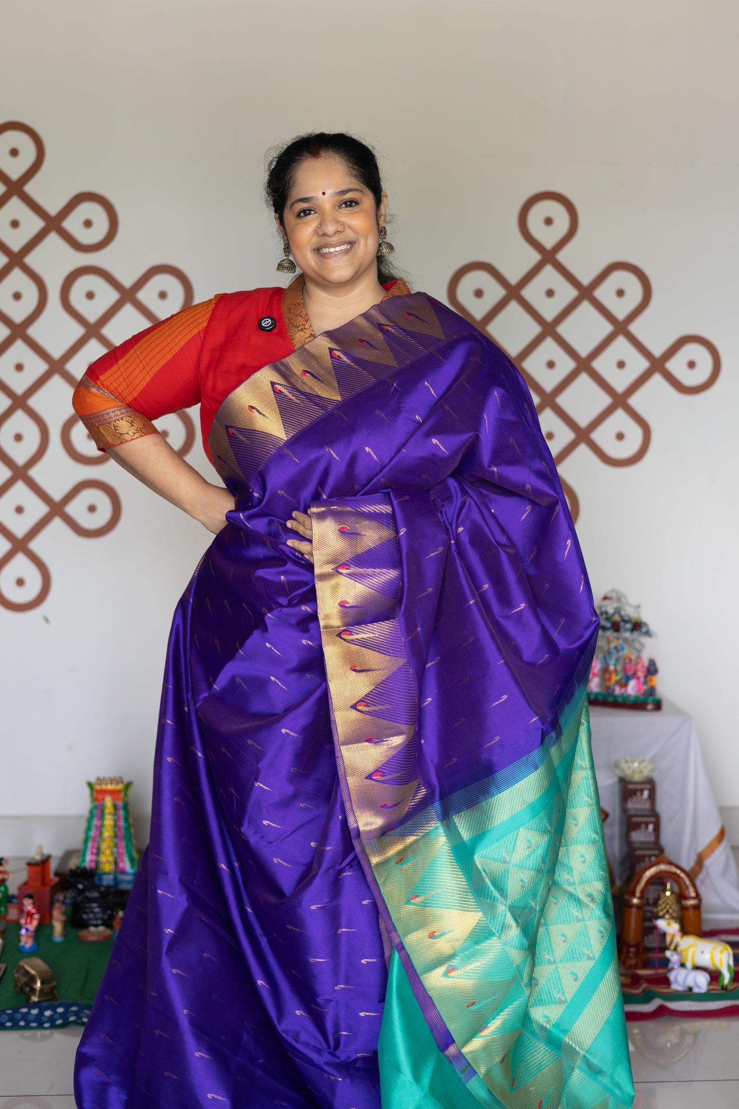 Paithani  Silk Cotton: Violet with aqua green pallu
