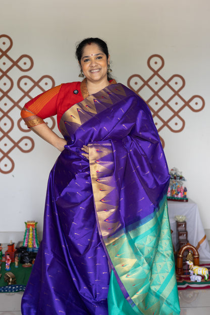 Paithani  Silk Cotton: Violet with aqua green pallu