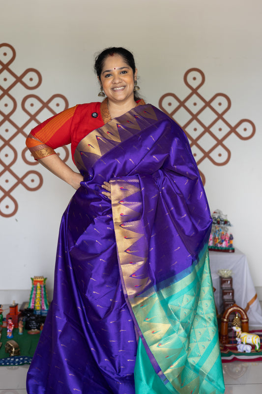 Paithani  Silk Cotton: Violet with aqua green pallu