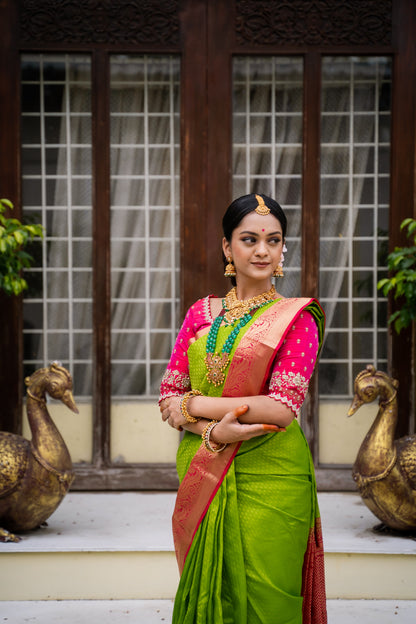 Parrot Green & Pink Silk Saree with Parrot zari (Brocade Silk)