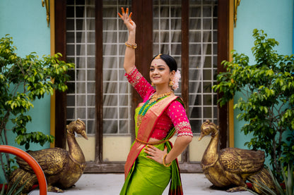 Parrot Green & Pink Silk Saree with Parrot zari (Brocade Silk)
