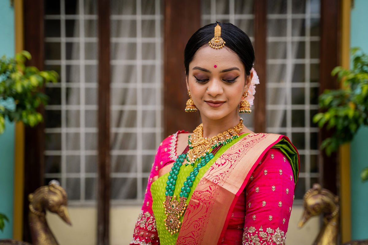 Parrot Green & Pink Silk Saree with Parrot zari (Brocade Silk)
