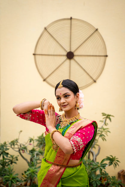 Parrot Green & Pink Silk Saree with Parrot zari (Brocade Silk)