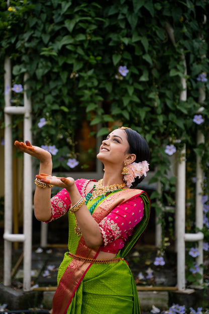 Parrot Green & Pink Silk Saree with Parrot zari (Brocade Silk)