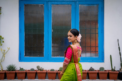 Parrot Green & Pink Silk Saree with Parrot zari (Brocade Silk)
