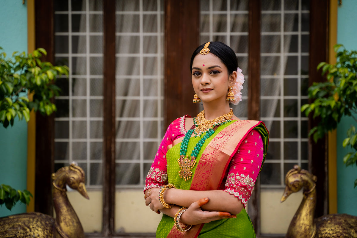 Parrot Green & Pink Silk Saree with Parrot zari (Brocade Silk)