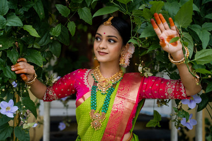 Parrot Green & Pink Silk Saree with Parrot zari (Brocade Silk)
