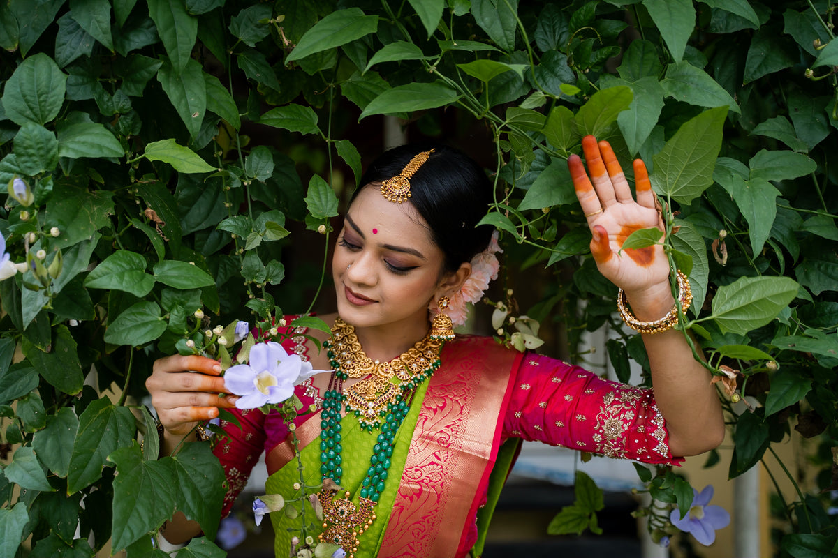 Parrot Green & Pink Silk Saree with Parrot zari (Brocade Silk)