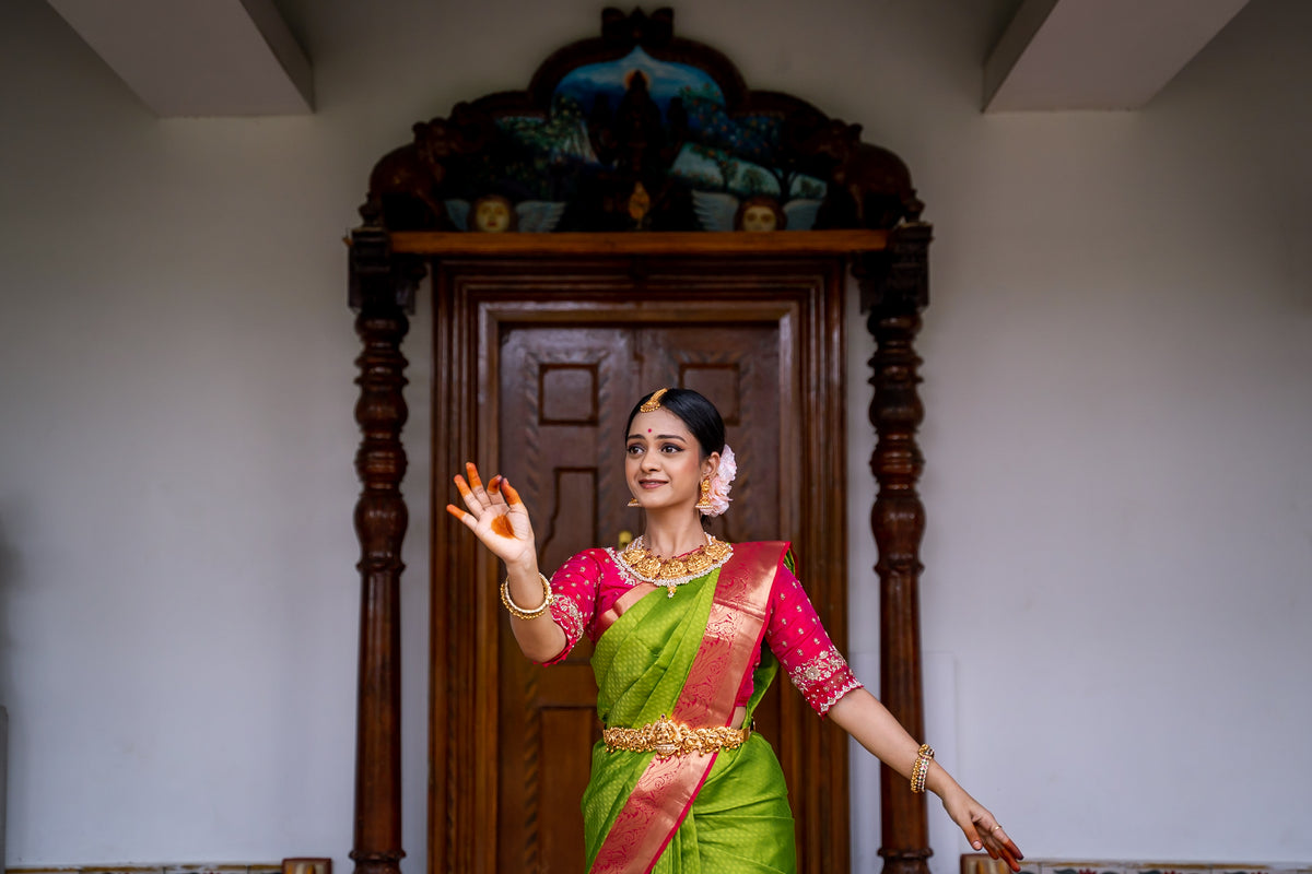Parrot Green & Pink Silk Saree with Parrot zari (Brocade Silk)