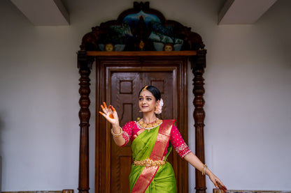 Parrot Green & Pink Silk Saree with Parrot zari (Brocade Silk)