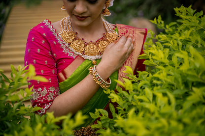 Parrot Green & Pink Silk Saree with Parrot zari (Brocade Silk)