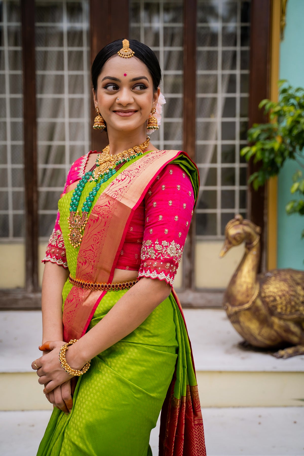 Parrot Green & Pink Silk Saree with Parrot zari (Brocade Silk)
