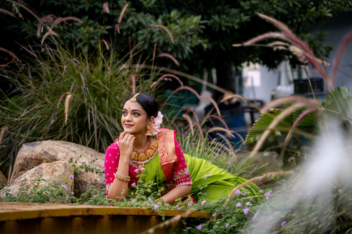 Parrot Green & Pink Silk Saree with Parrot zari (Brocade Silk)