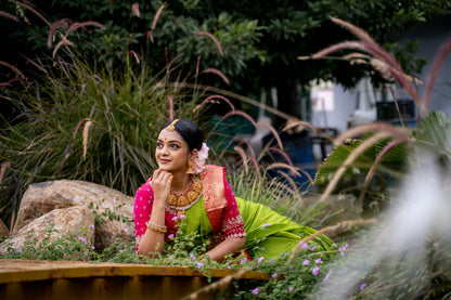 Parrot Green & Pink Silk Saree with Parrot zari (Brocade Silk)