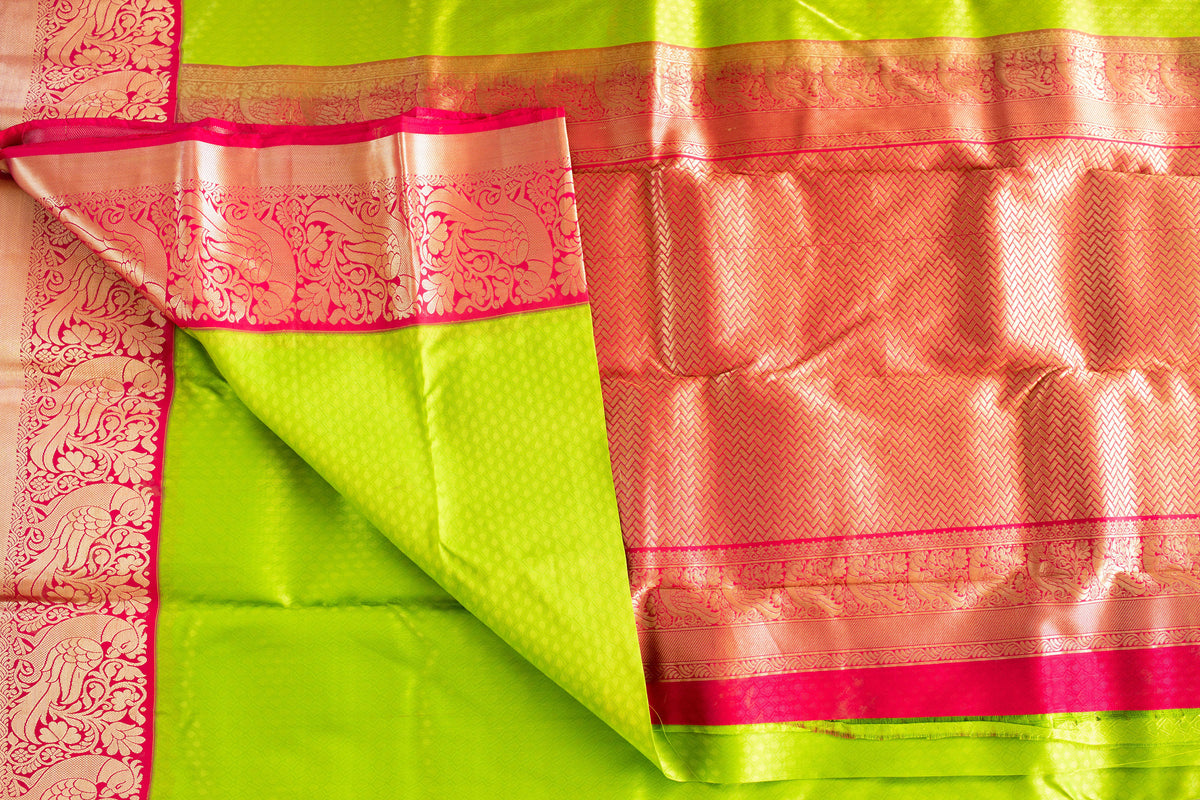 Parrot Green & Pink Silk Saree with Parrot zari (Brocade Silk)