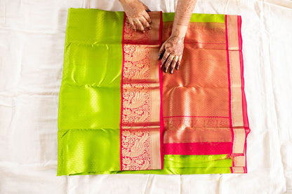 Parrot Green & Pink Silk Saree with Parrot zari (Brocade Silk)