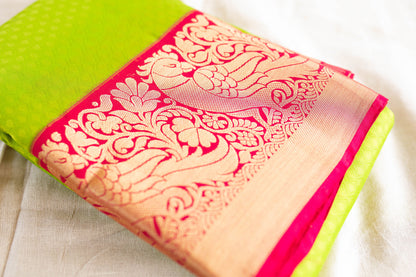 Parrot Green & Pink Silk Saree with Parrot zari (Brocade Silk)