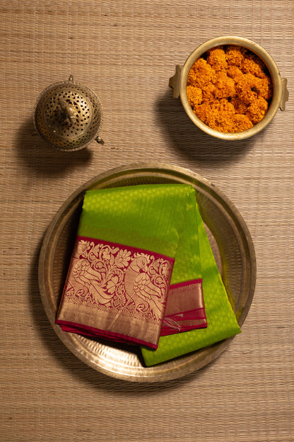 Parrot Green & Pink Silk Saree with Parrot zari (Brocade Silk)