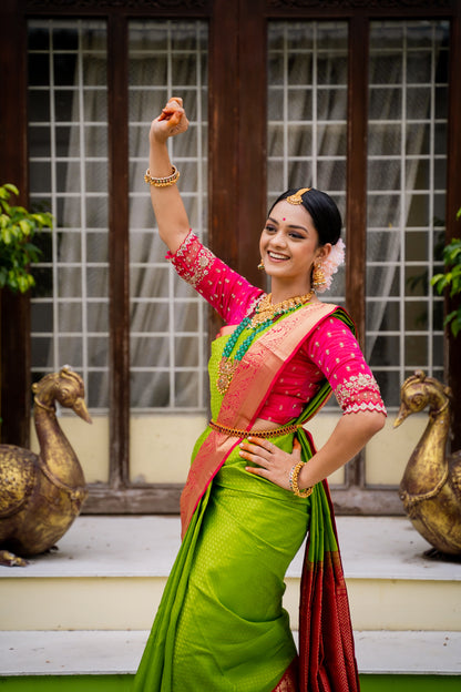 Parrot Green & Pink Silk Saree with Parrot zari (Brocade Silk)