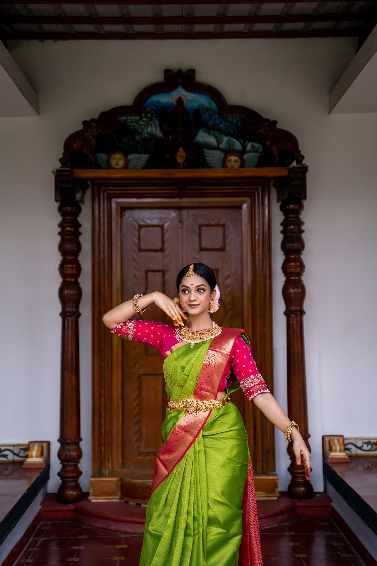 Parrot Green & Pink Silk Saree with Parrot zari (Brocade Silk)