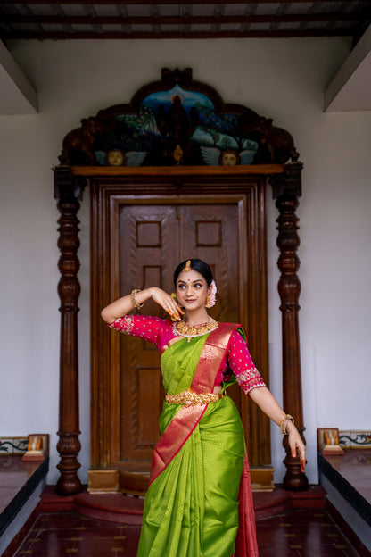 Parrot Green & Pink Silk Saree with Parrot zari (Brocade Silk)