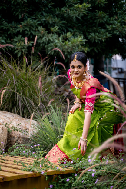 Parrot Green & Pink Silk Saree with Parrot zari (Brocade Silk)