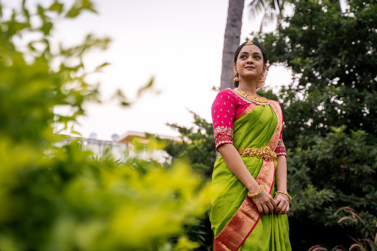 Parrot Green & Pink Silk Saree with Parrot zari (Brocade Silk)