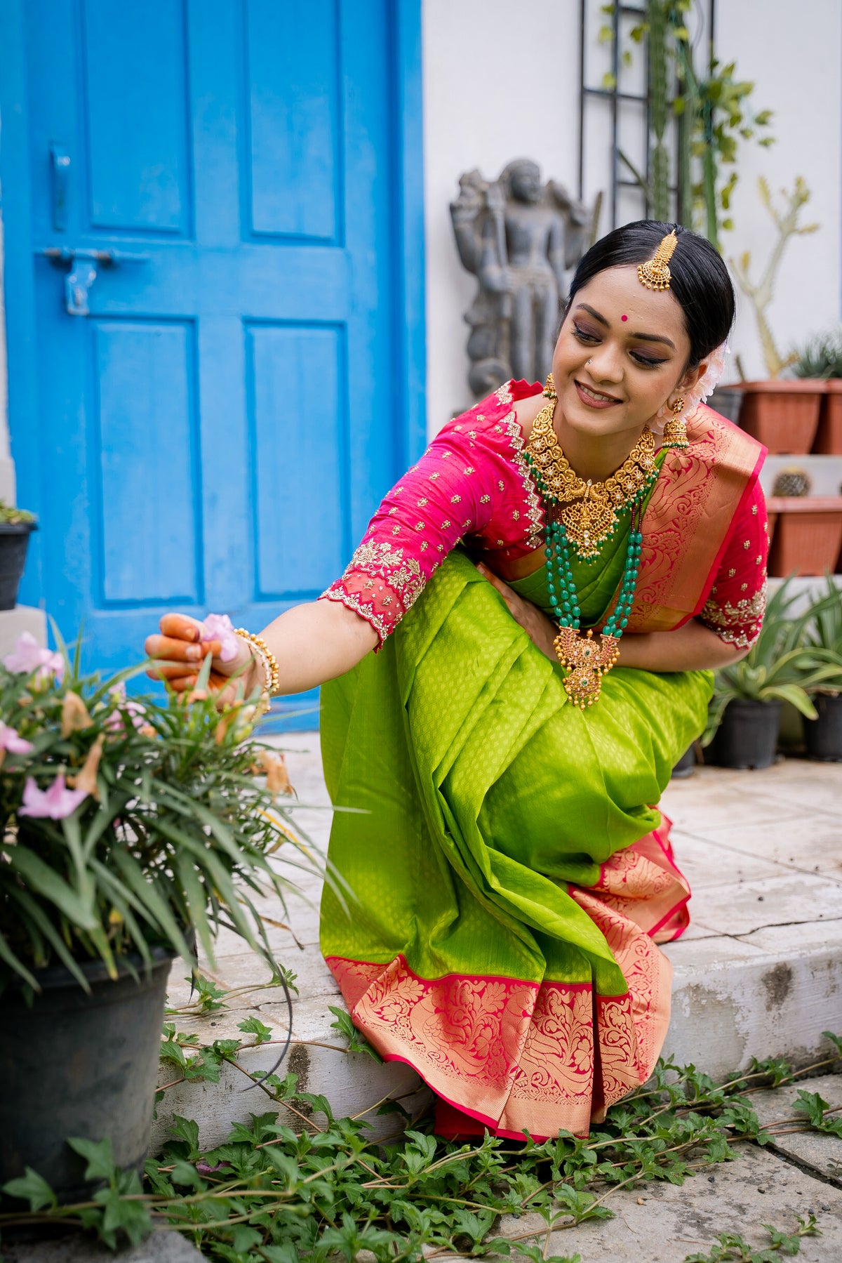 Parrot Green & Pink Silk Saree with Parrot zari (Brocade Silk)