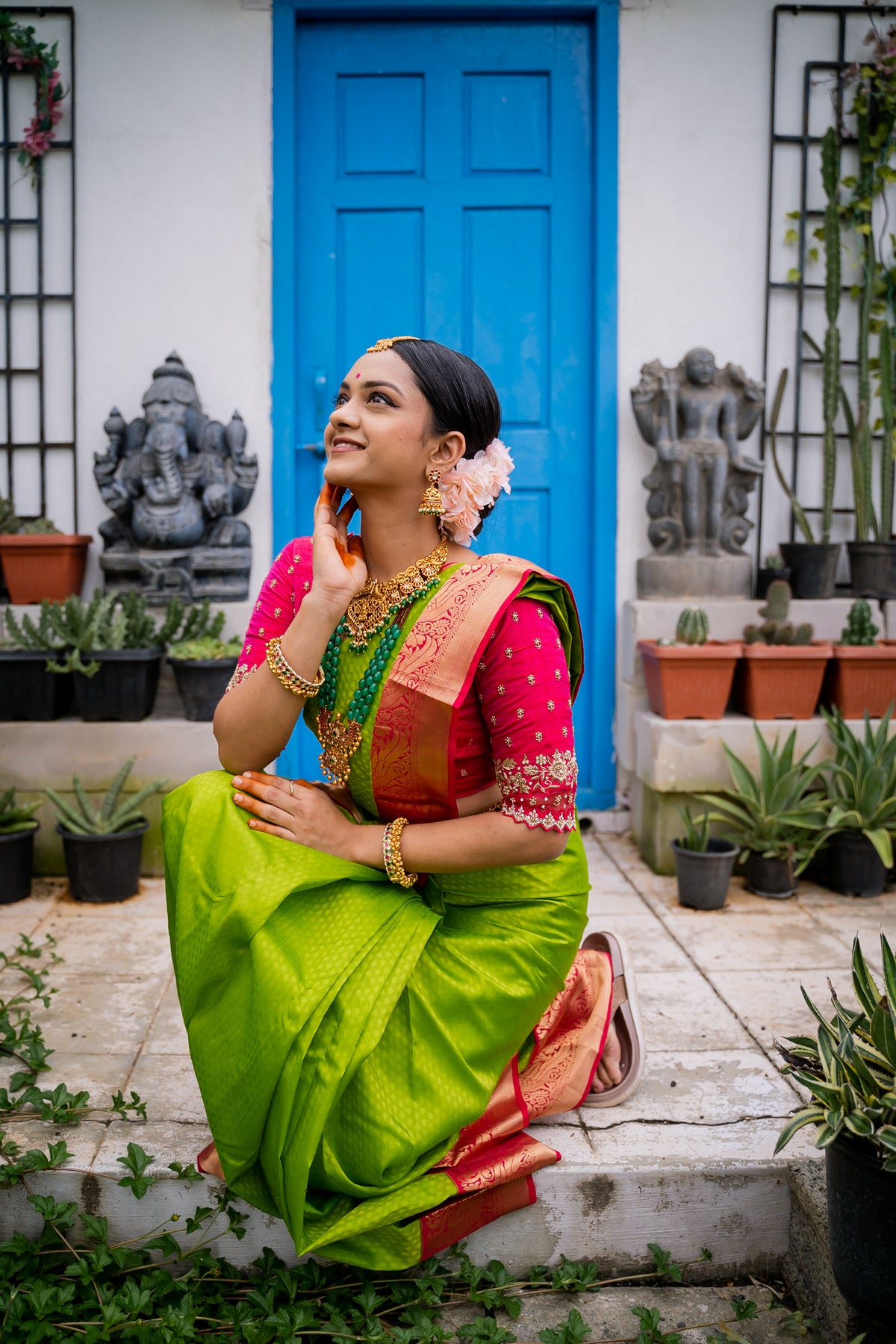 Parrot Green & Pink Silk Saree with Parrot zari (Brocade Silk)