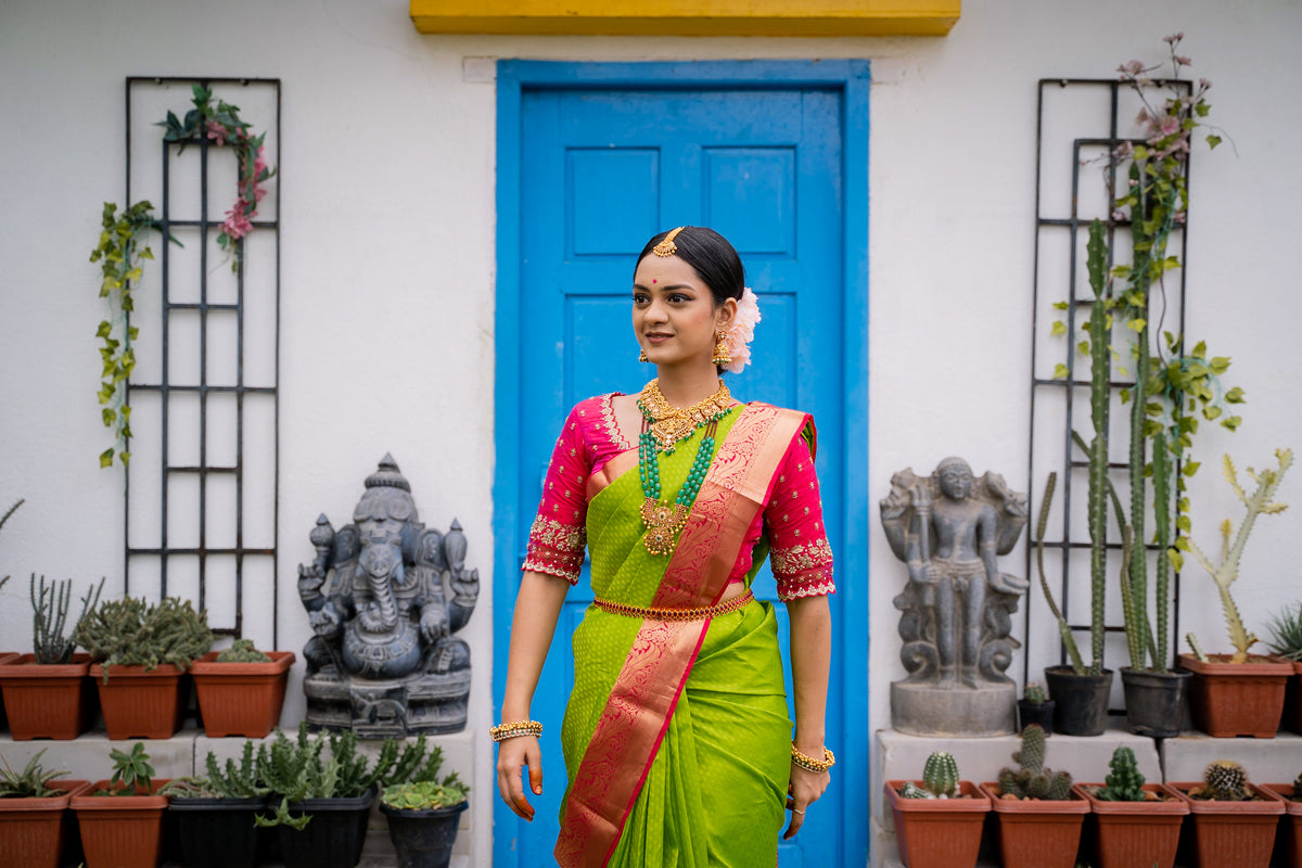 Parrot Green & Pink Silk Saree with Parrot zari (Brocade Silk)