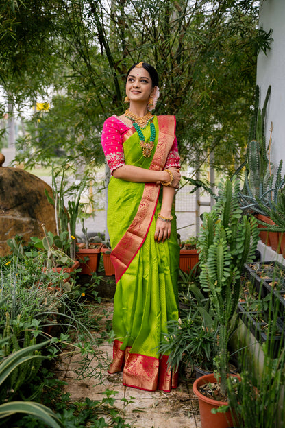 Parrot Green & Pink Silk Saree with Parrot zari (Brocade Silk)