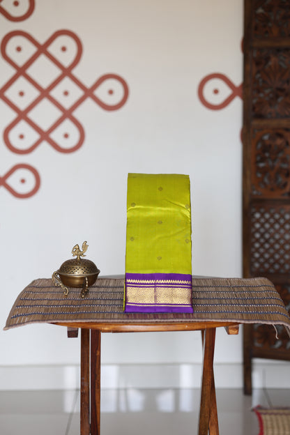 Parrot green with violet border and pallu