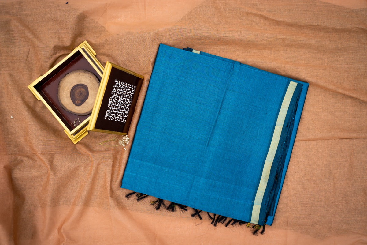 Peacock blue plain silk cotton