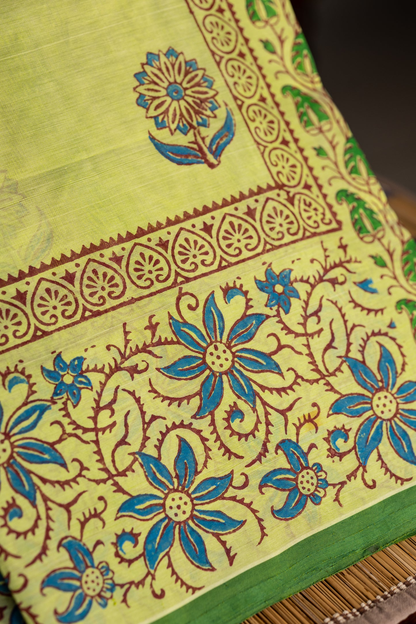 Pista green hand block printed silk cotton