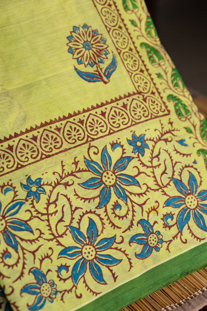 Pista green hand block printed silk cotton