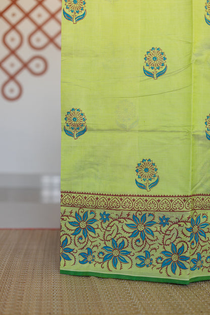 Pista green hand block printed silk cotton