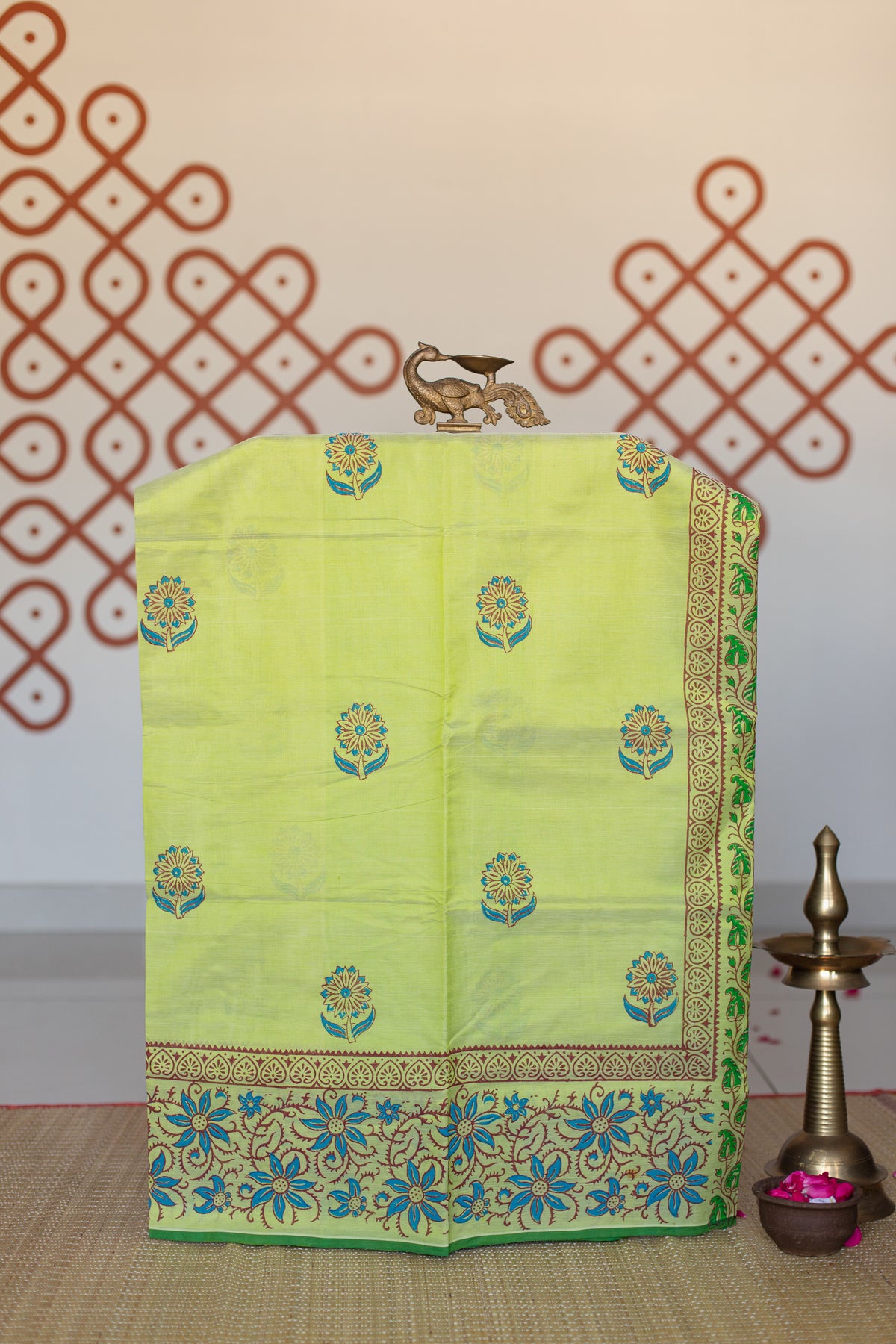 Pista green hand block printed silk cotton