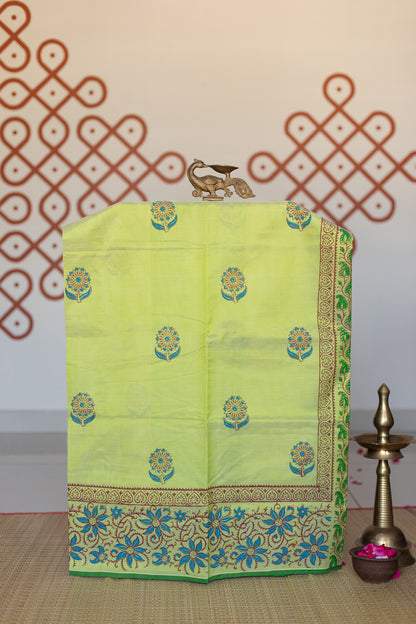 Pista green hand block printed silk cotton