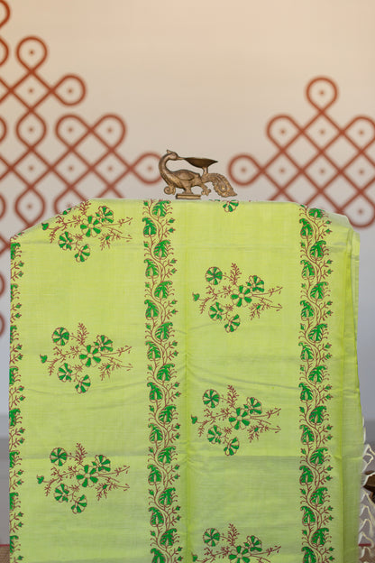 Pista green hand block printed silk cotton