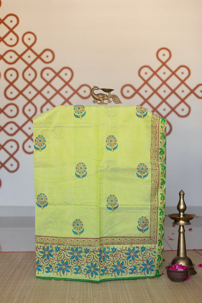 Pista green hand block printed silk cotton