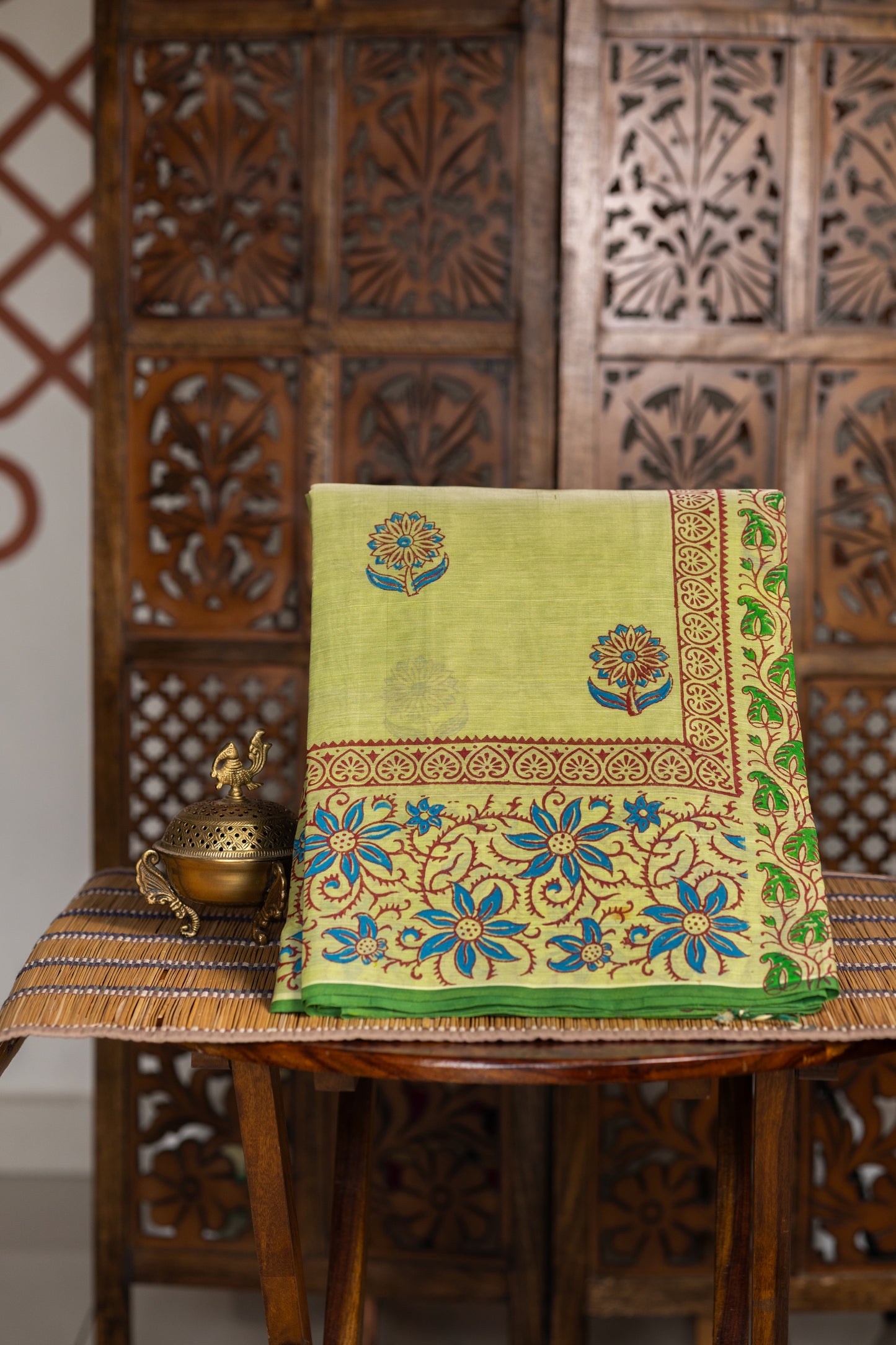 Pista green hand block printed silk cotton