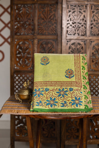 Pista green hand block printed silk cotton