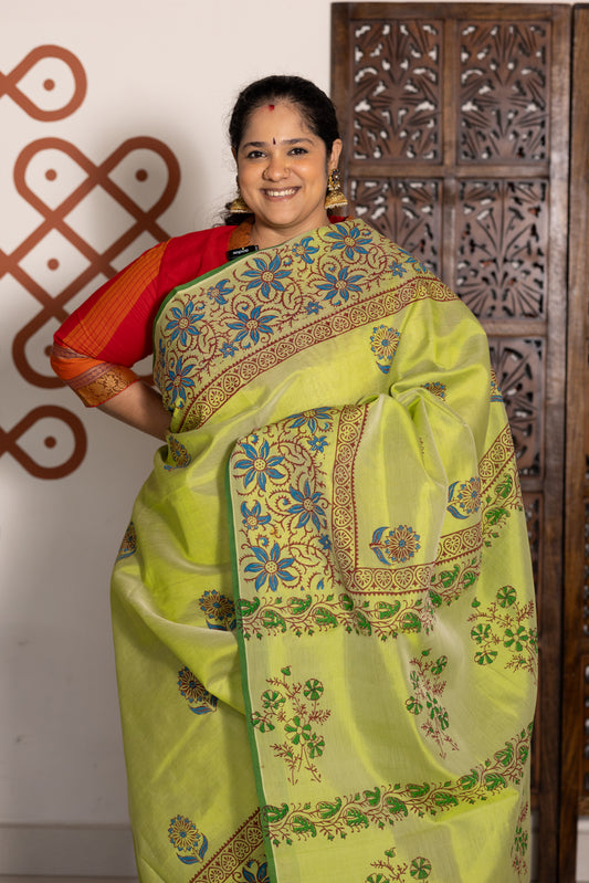 Pista green hand block printed silk cotton