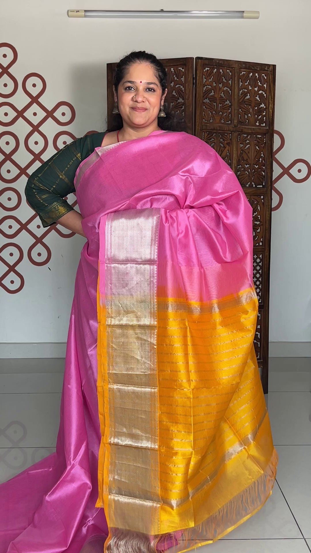 Plain Mangalagiri Silk Cotton-Rose milk pink with Mustard Yellow