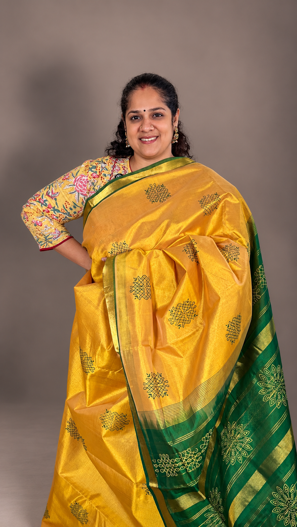 Golden Tisssue Yellow with Meenakshi Green- Kolam Saree
