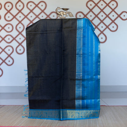Black with dark sky blue vaira oosi Elephant & peacock border