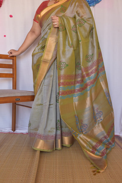 Pastel green with hand block print gatti  border